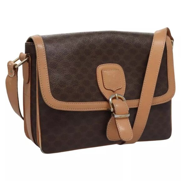 CELINE Macadam Canvas Shoulder Bag PVC Leather Brown Gold Auth - Picture 1 of 16